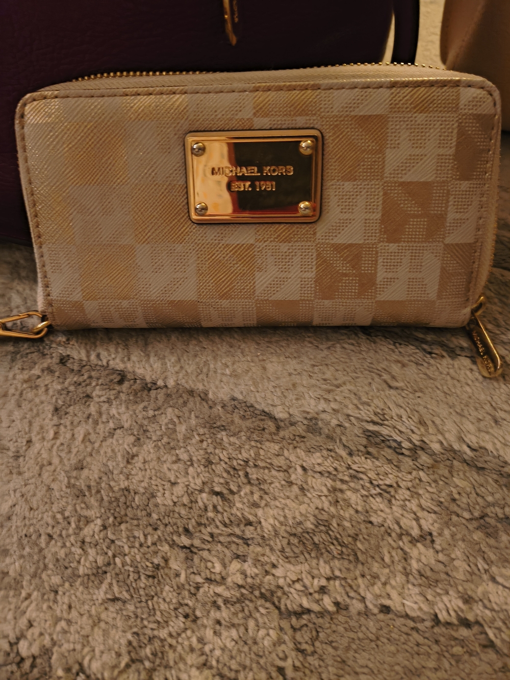 Michael Kors Cream & Beige Check Zip-Around Wallet with Gold Plate